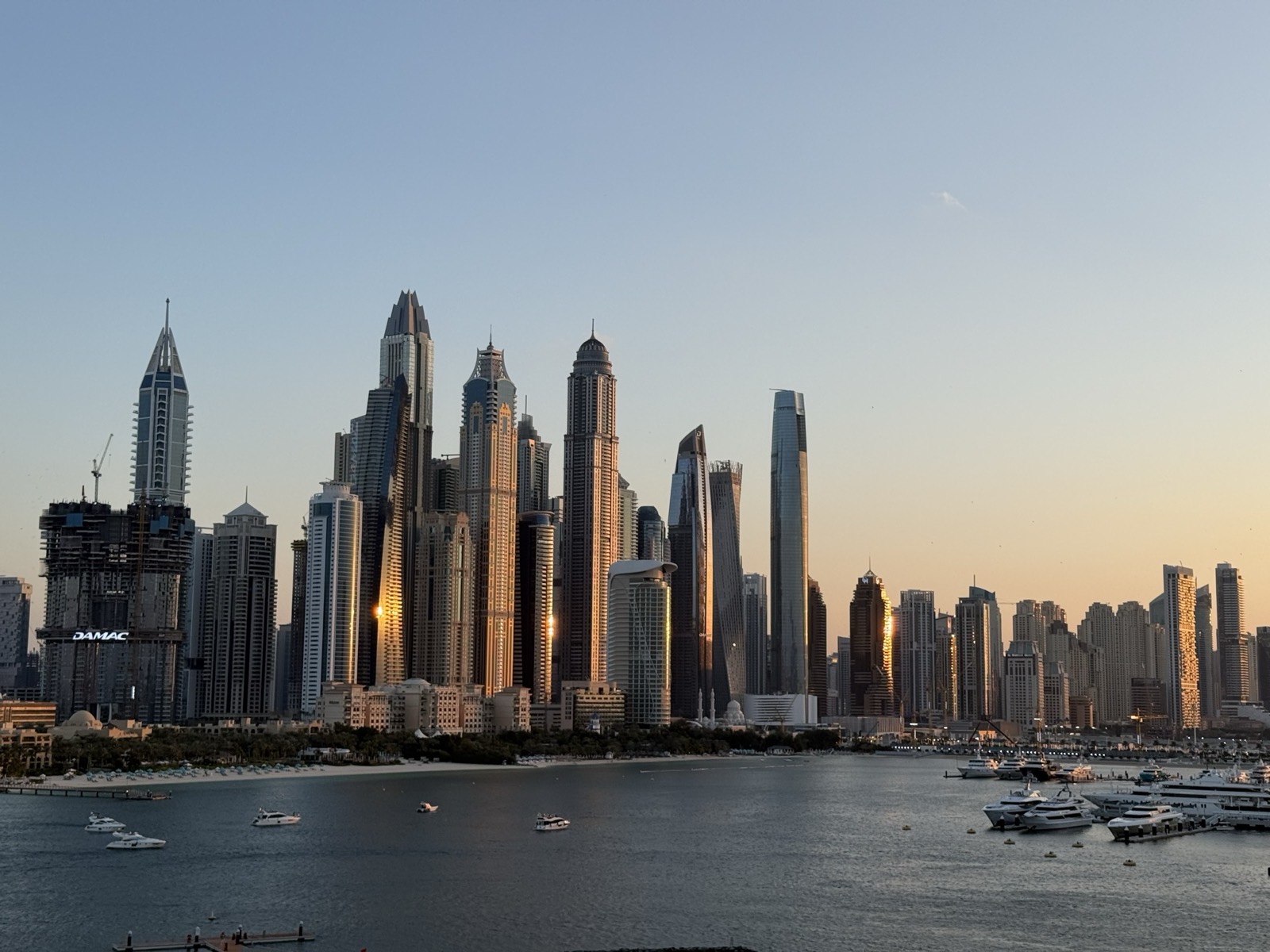 Dubai Marina skyline at golden hour